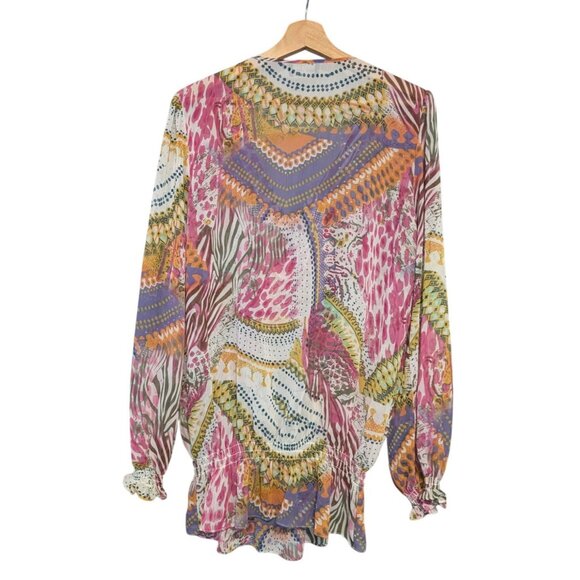 Rena Renee Multicolor Animal Print Beaded Gold Sequin Boho Peasant Blouse Size L - Picture 2 of 6